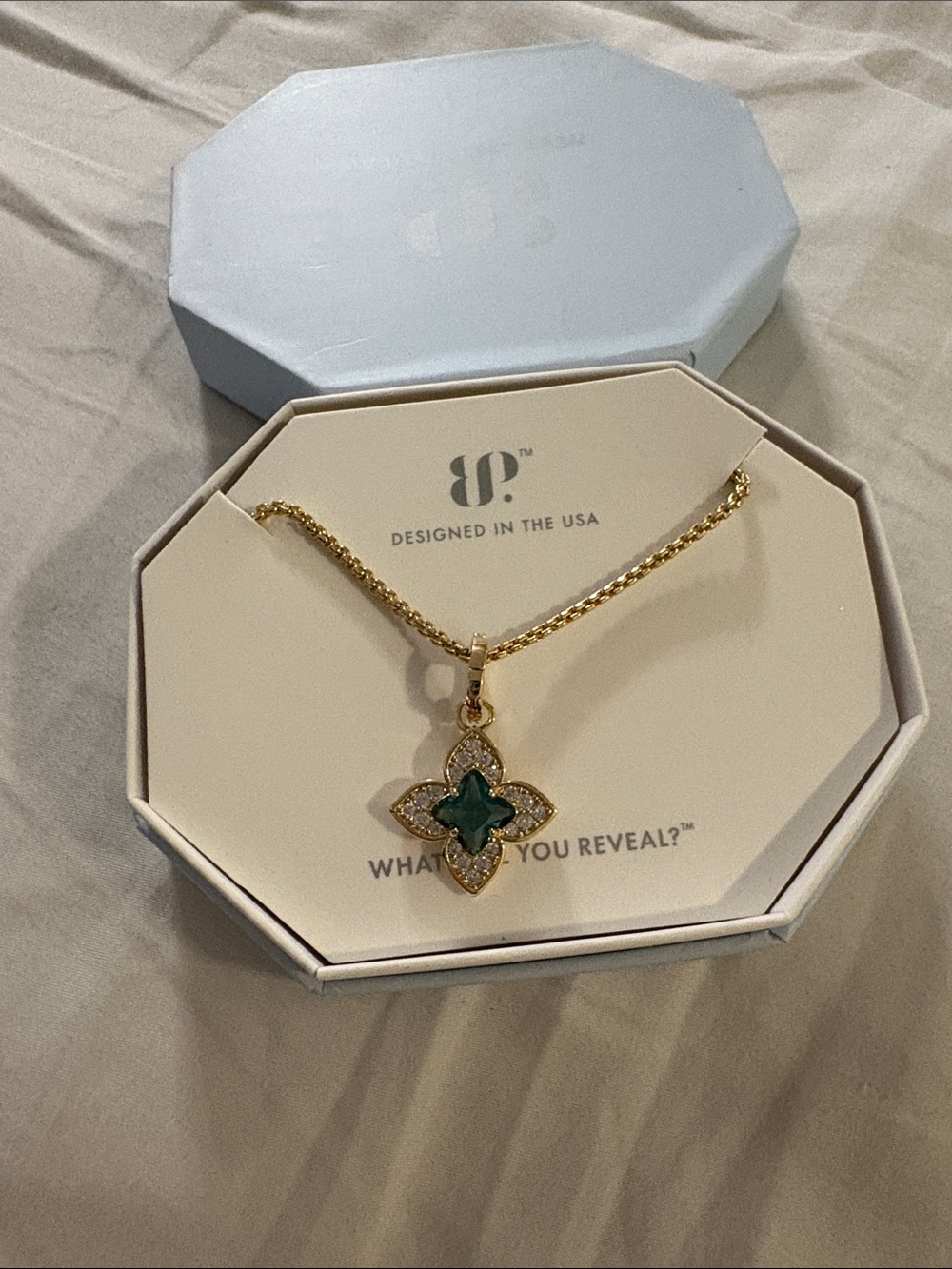 Gold-Tone Clover Pendant Necklace with Green Stone